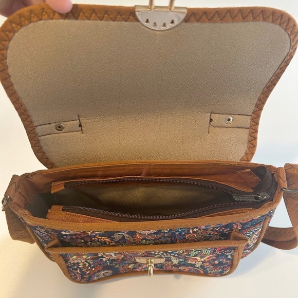 Boho Turkish Tapestry Crossbody Purse Faux Leather Trim Paisley Western - Picture 5 of 6